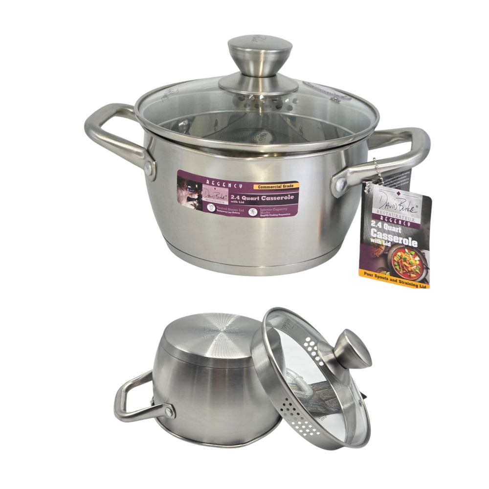 David Burke Cookware Regency 2.4Qt Stainless‎ Steel Casserole Pot Straining Lid